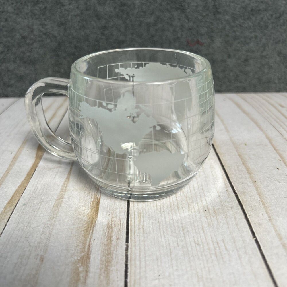 Vintage Nestle Nescafe Etched Clear Glass World Globe Coffee Tea Mug Cup 1970’s